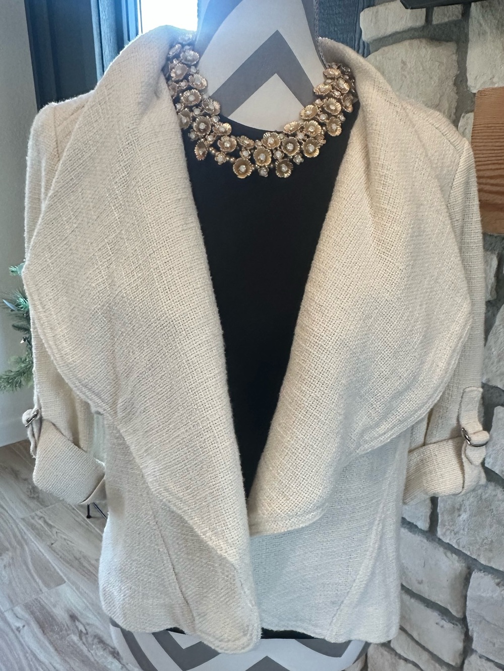 Chico's beige open front 3/4 Sleeves waterfall collar & roll-tab sleeves jacket
